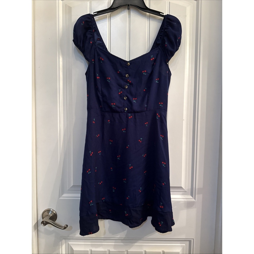 Love Crazy Cherries Cherry Dress Navy Blue Cap Sleeves Button Detail Large